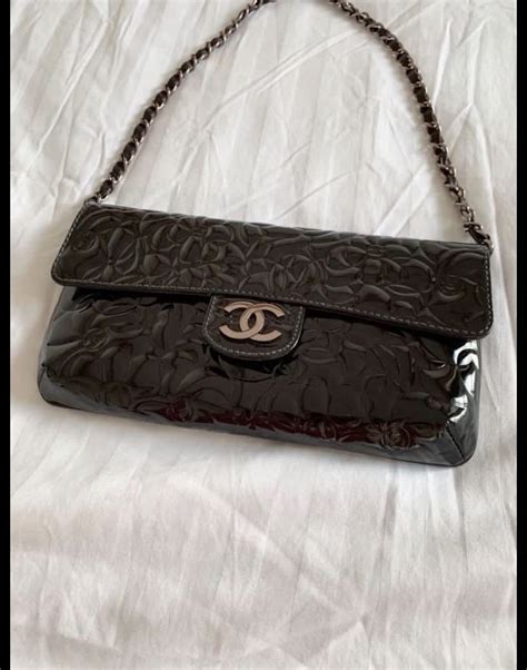 chanel black patent small clutch with chain|Chanel Black Patent Camellia Clutch With Chain Aged Gold .